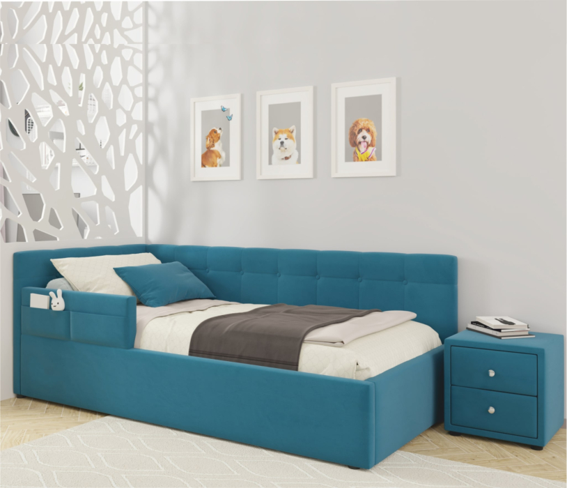 Мягкая кровать, Односпальная кровать-тахта Bonna 900 с защитным бортиким и подъемным механизмом