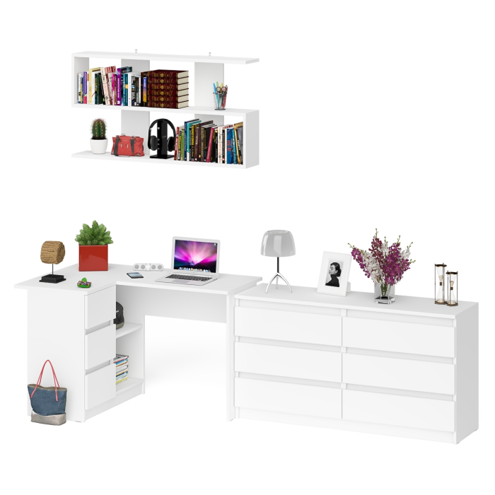 Домашние кабинеты, Стол угловой компьютерный Мори МС-16 левый с навесной книжной полкой и комодом МК1380.6