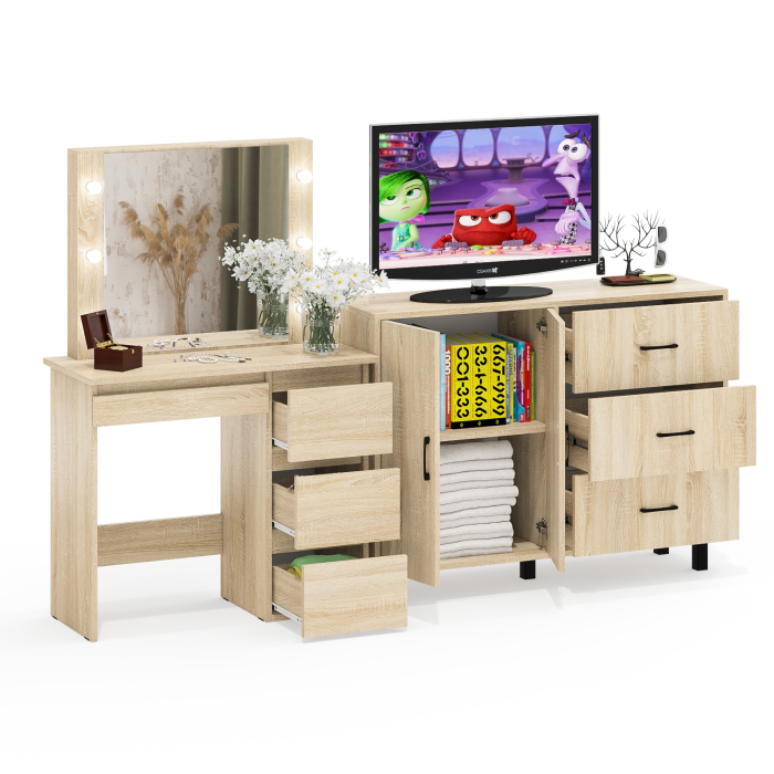 С зеркалом, Комод-тумба 123-1204 и столик косметический с подсветкой и зеркалом Сура