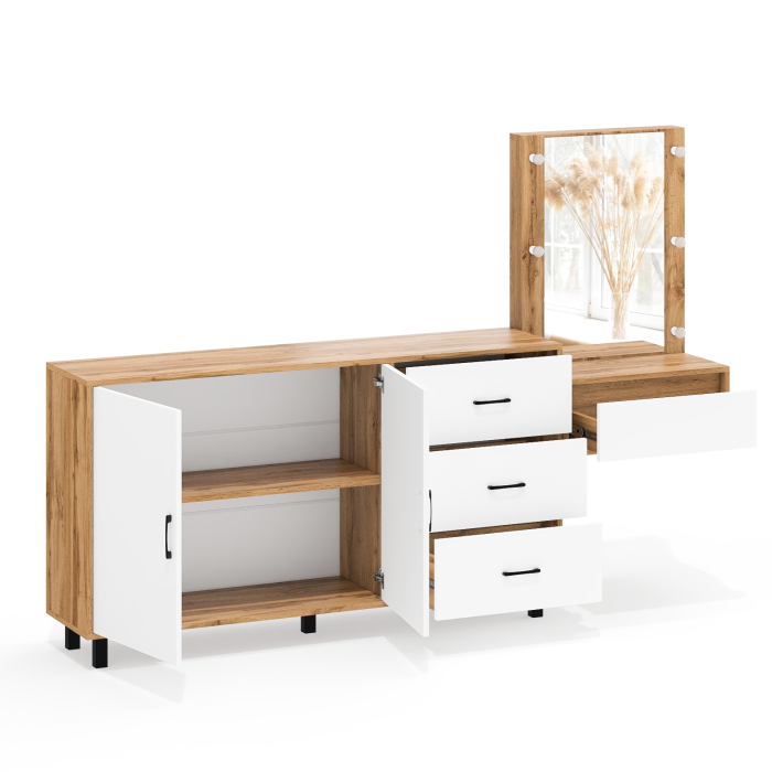 С зеркалом, Косметический навесной столик с подсветкой и комод с ящиками и дверками 123-1604