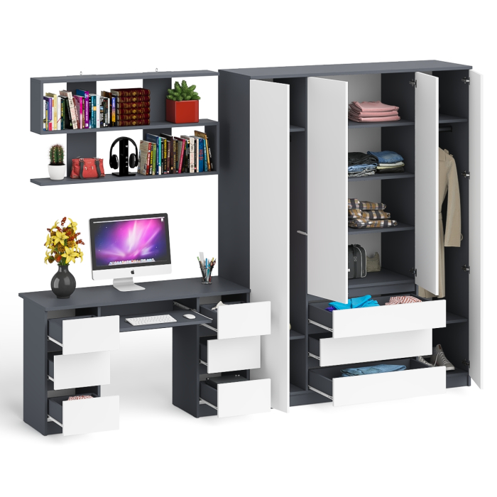 Домашние кабинеты, Большой 4-х дверный шкаф-комод Мори МШ1600.1 и стол с верхней навесной полкой