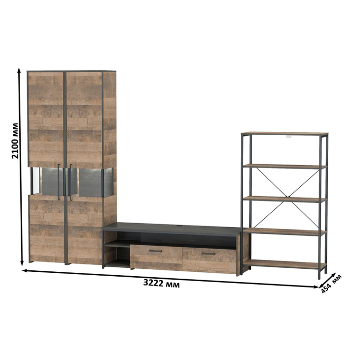 Стенки для гостиной, Шкаф-пенал-витрина с подсветкой с открытым стеллажом и тумбой для телевизора Трувор