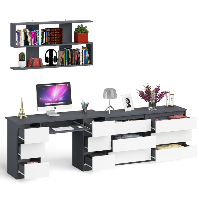 Домашние кабинеты, Стол компьютерный ящики слева и справа Мори МС-2 с комодом и полкой навесной
