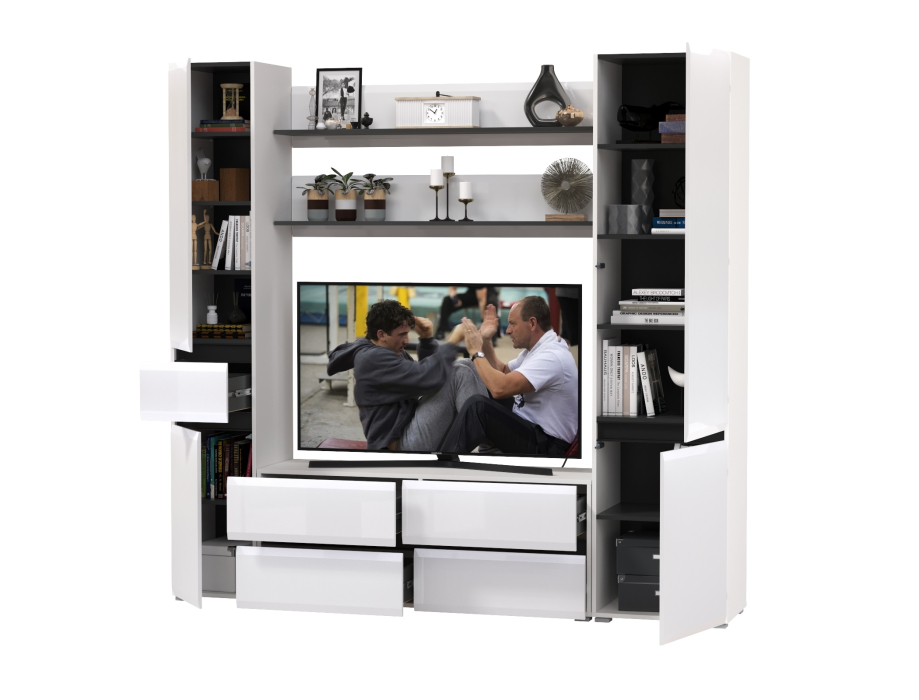 Стенки для гостиной, ТВ-тумба с двумя полочками и шкафом с ящиком и шкафом с полками внутри Сидней