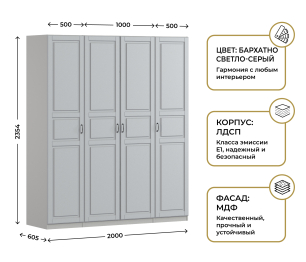 Шкаф четырехдверный Макс 2000 мм, вариант №2 (ЛДСП/МДФ)