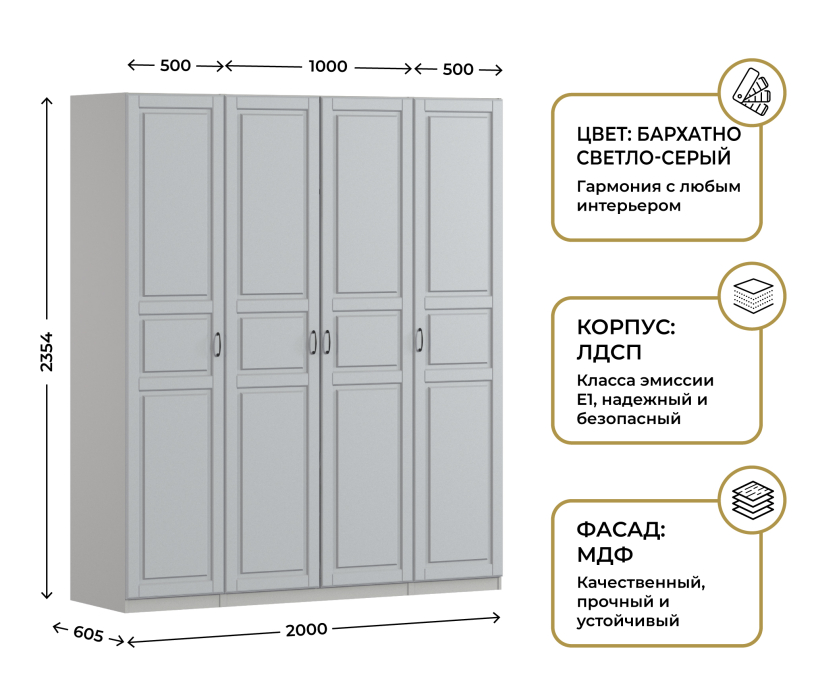 Для одежды, Шкаф четырехдверный Макс 2000 мм, вариант №2 (ЛДСП/МДФ)