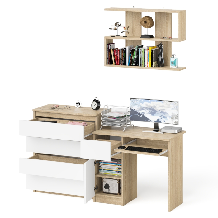 Прямые компьютерные столы, Комод четыре ящика Мори 800-4 со столом компьютерным с тумбой слева и полкой 900