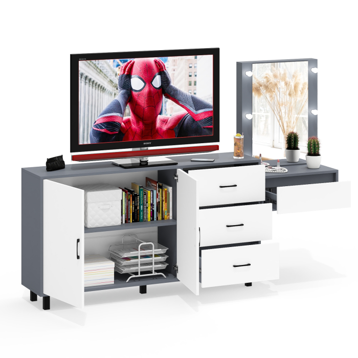 С зеркалом, Косметический навесной столик с подсветкой и комод с ящиками и дверками 123-1604