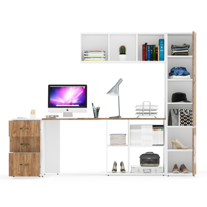 Домашние кабинеты, Навесная книжная полка Лидер-8 с письменным столом с тумбочкой 3.16 и пеналом с полками