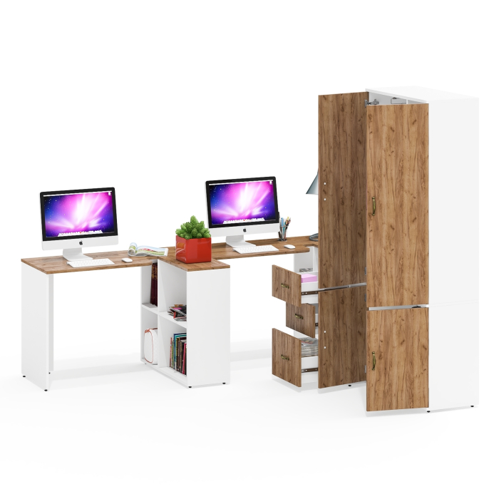 Домашние кабинеты, Два стола-трансформера с тумбой на три ящика и бельевым шкафом Лидер-8