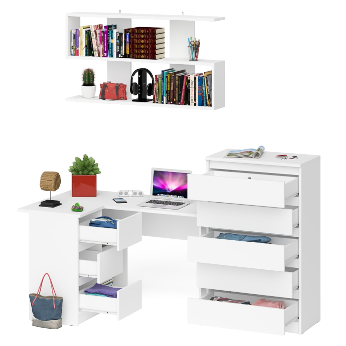 Домашние кабинеты, Угловой компьютерный стол Мори МС-16 левый с навесной полкой и высоким комодом на 5-ть ящиков