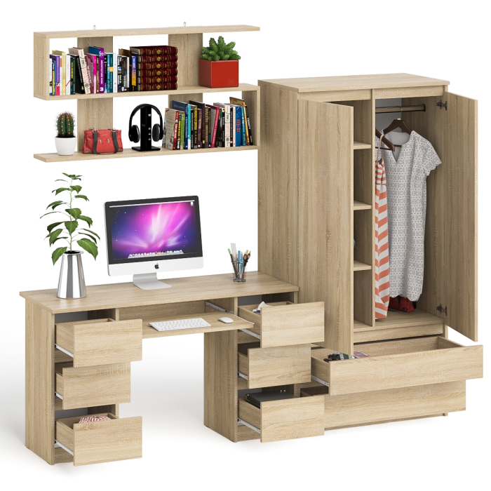 Домашние кабинеты, Шкаф-комод Мори МШ900.1 с письменным 2-х тумбовым столом МС-2 и полкой книжной