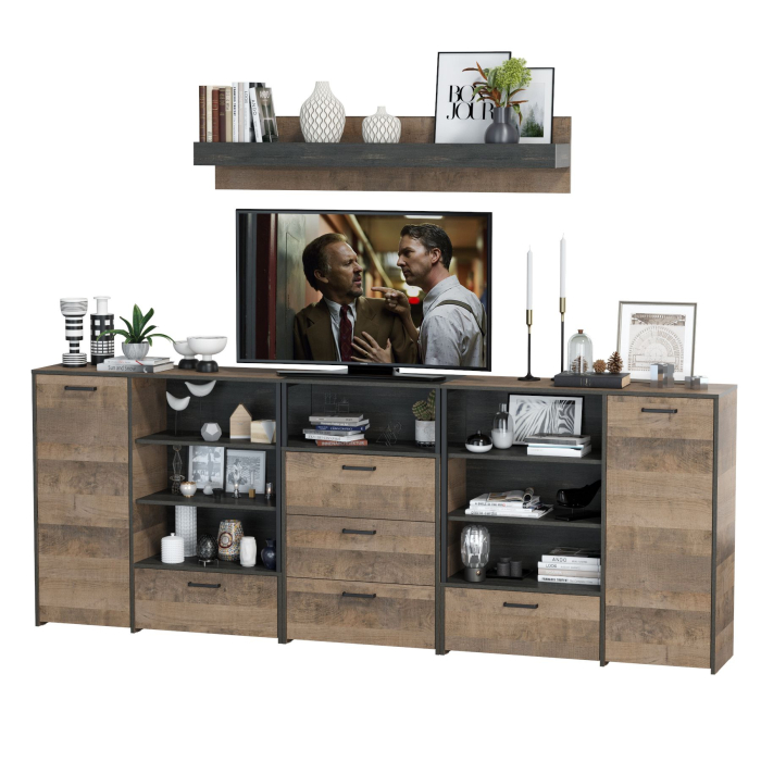 Стенки для гостиной, Два комода с дверкой и ящиком с навесной полкой и комодом с тремя ящикамиТрувор