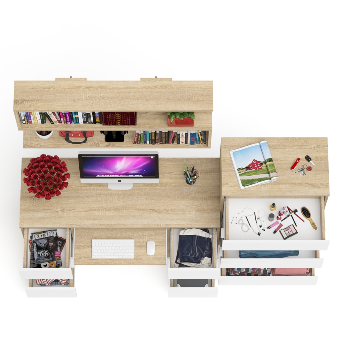 Домашние кабинеты, Стол для работы МС-2 с высоким комодом на пять ящиков и навесной полкой Мори