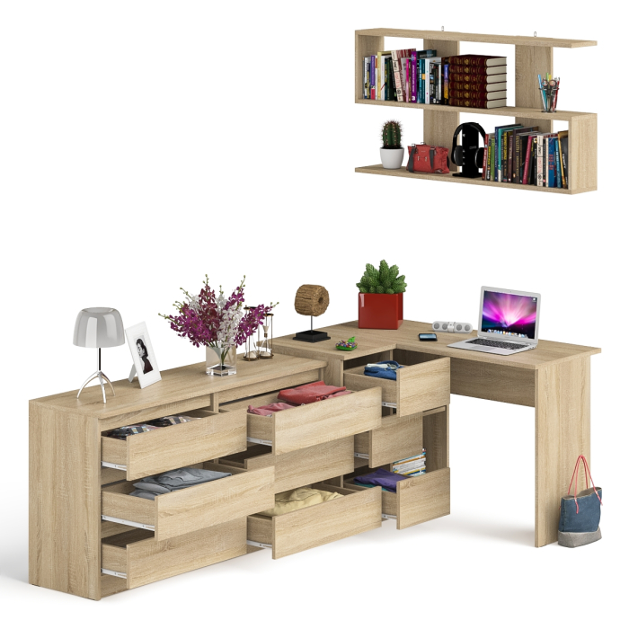 Домашние кабинеты, Стол угловой компьютерный Мори МС-16 левый с навесной книжной полкой и комодом МК1380.6