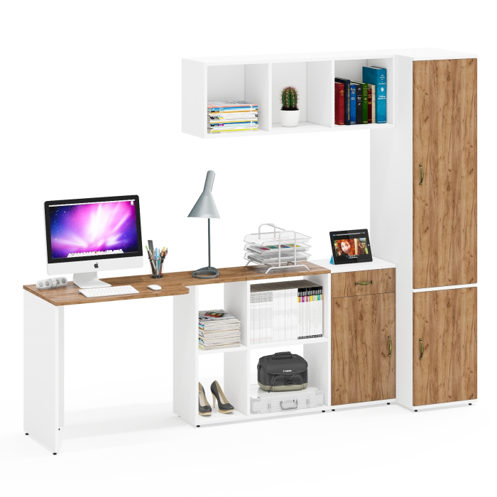 Домашние кабинеты, Мебель для домашнего офиса Лидер-8 из стола с полкой сверху и пенала для одежды с тумбочкой 3.15
