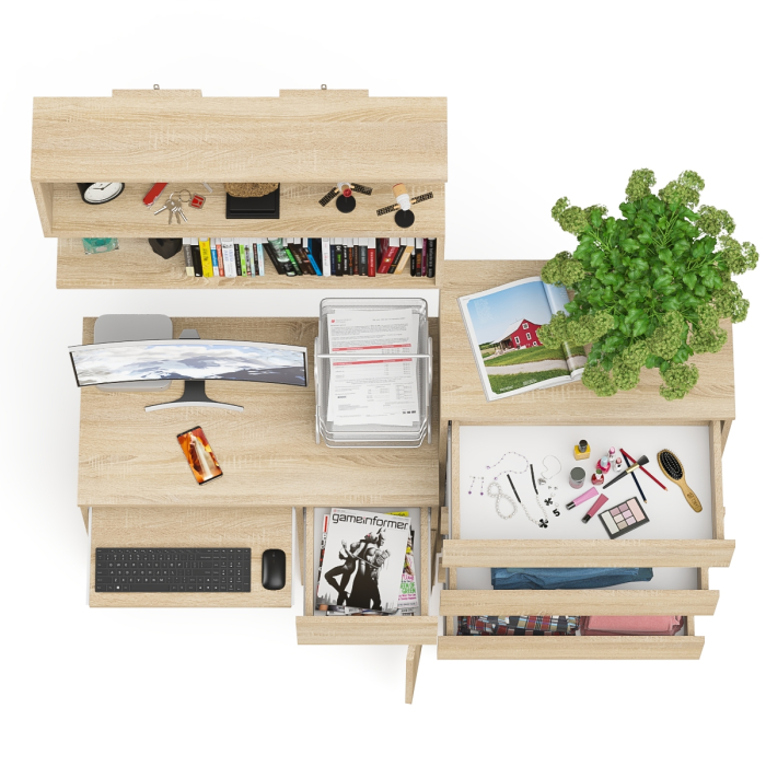 Домашние кабинеты, Стол компьютерный Мори МС-1 правый с высоким комодом на пять ящиков и навесной полкой