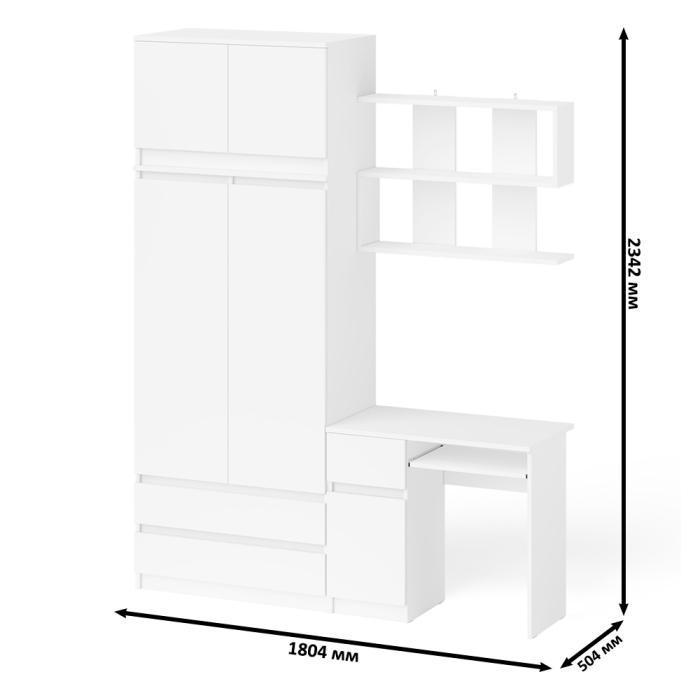 Домашние кабинеты, Стол однотумбовый Мори МС-1 левый с полкой навесной и комодом-шкафом с антресолью