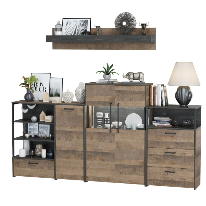 Стенки для гостиной, Комод с витриной с подсветкой с комодом с ящиком и дверкой и с комодом три ящика и ниша Трувор