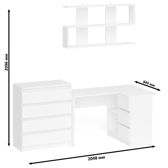 Домашние кабинеты, Книжная навесная полка Мори с угловым компьютерным столом МС-16 правым и комодом Мори МК800.4