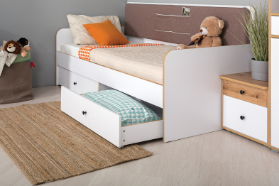 Вуди Компоновка № 36 белый премиум/дуб крафт золотой/саванна латте, сп. м. 900х2000 мм., б/м, о/е, матрас высотой до 200 мм.