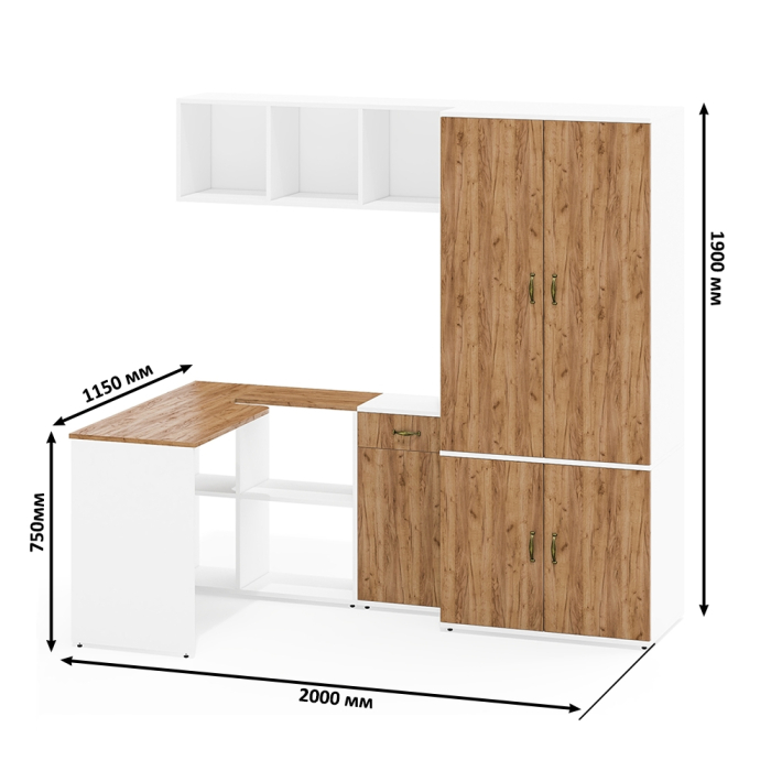 Домашние кабинеты, Настенная полка для книг Лидер-8 с рабочим столом с нишей с тумбочкой 3.15 и шкафом 19Б