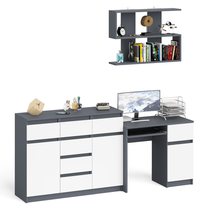 Домашние кабинеты, Тумба-комод Мори МК1200.4 с компьютерным столом МС-1 правый и открытой навесной полкой