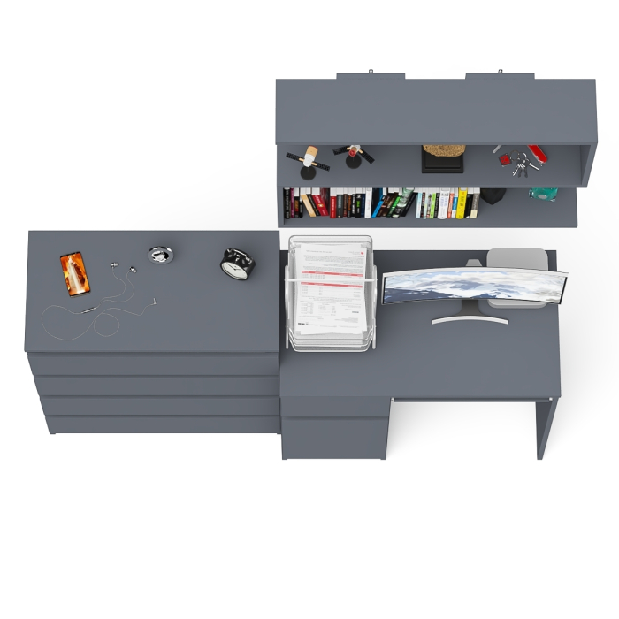 Прямые компьютерные столы, Комод четыре ящика Мори 800-4 со столом компьютерным с тумбой слева и полкой 900