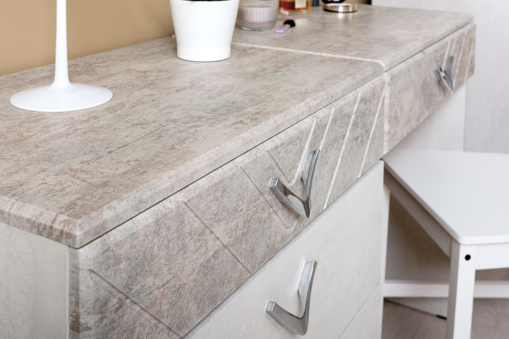 Туалетные столики, Стол туалетный с комодом и зеркалом Амели 13.106+12.48+Зерк шёлковый камень/бетон чикаго беж