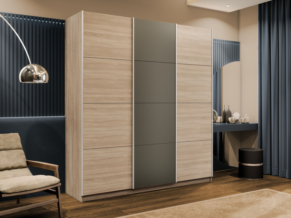 Шкафы-купе 3-х дверные, Шкаф-купе Эста 3-х дверный ДСП/Стекла хаки/Доводчик 270х66х240