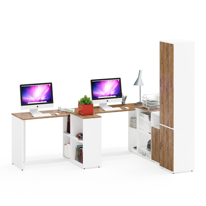 Домашние кабинеты, Два рабочих стола для двоих человек Лидер-8 с пеналом для бумаг и тумбой с нишей