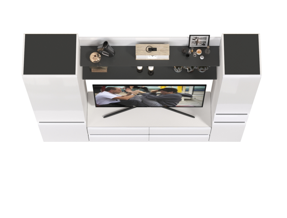 Стенки для гостиной, ТВ-тумба с двумя полочками и шкафом с ящиком и шкафом с полками внутри Сидней