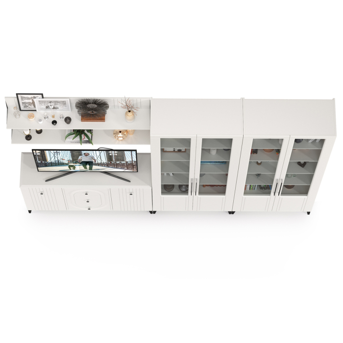 Стенки для гостиной, Тумба-комод с 2 навесными полками и шкаф 4 стеклянных лвери Валенсия № 113