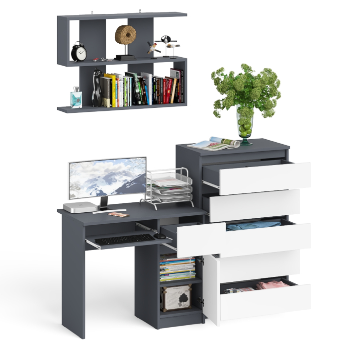 Домашние кабинеты, Стол компьютерный Мори МС-1 правый с высоким комодом на пять ящиков и навесной полкой