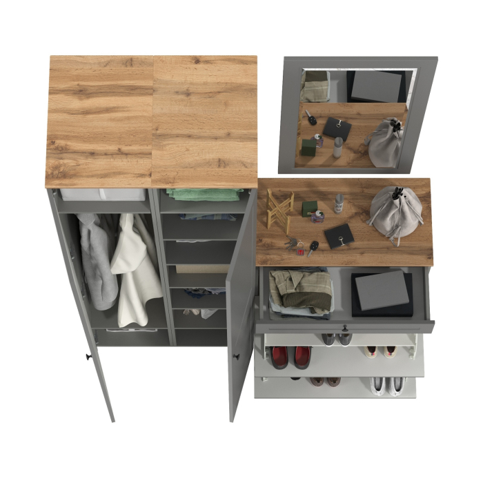 Прихожие, Тумба для обуви с зеркалом и два шкаф-пенала с полками Остин