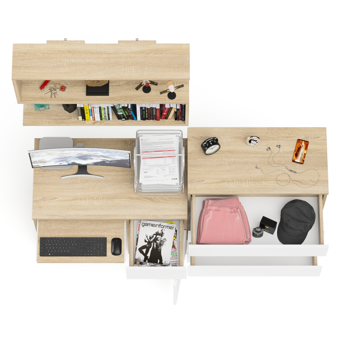 Прямые компьютерные столы, Комод Мори четыре ящика на 800 с компьютерным однотумбовым столом МС-1 правый и навесной полкой