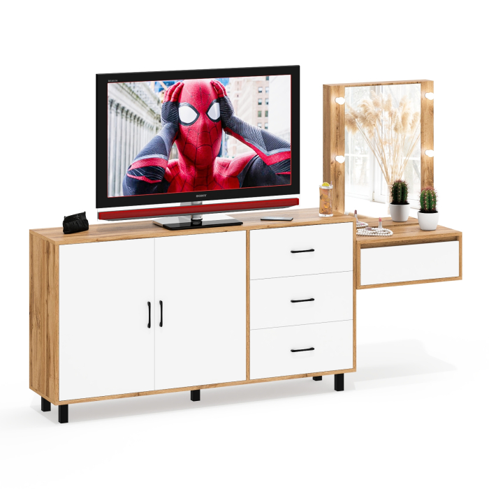 С зеркалом, Косметический навесной столик с подсветкой и комод с ящиками и дверками 123-1604