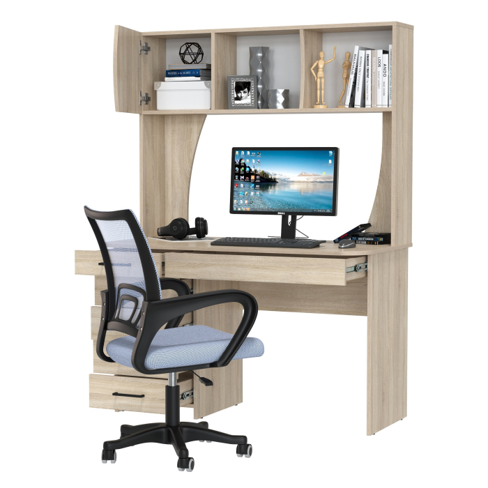 Прямые компьютерные столы, Стол компьютерный с надстройкой Сигма и компьютерное кресло серое