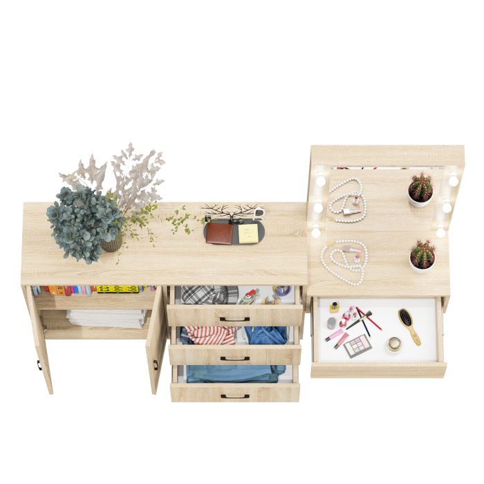 С зеркалом, Стол косметический навесной с подсветкой и тумба-комод 123-1204.