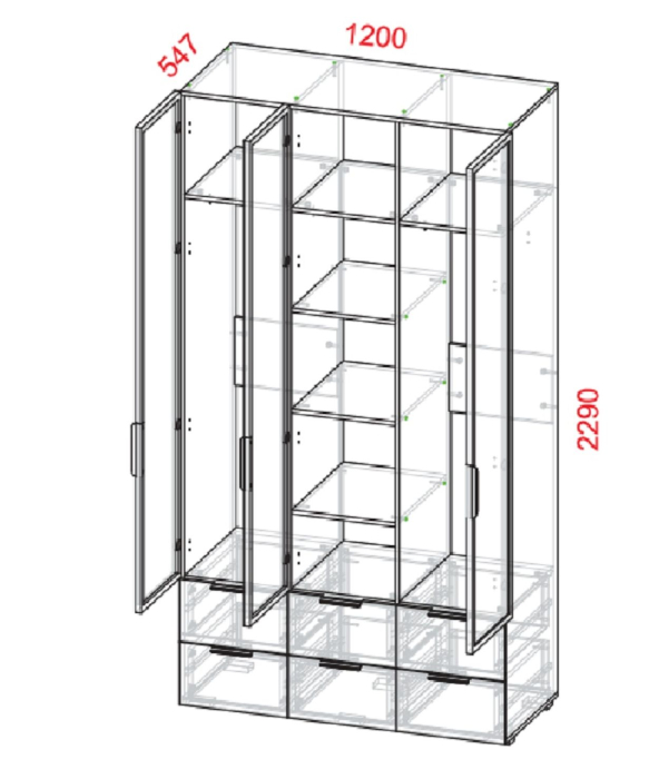 Для одежды, Шкаф трехдверный со стеклом Харди