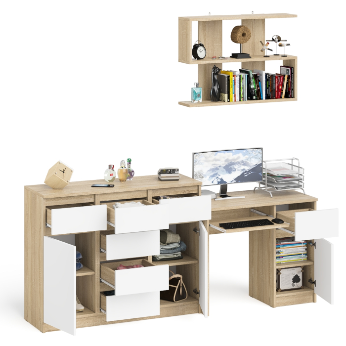 Домашние кабинеты, Тумба-комод Мори МК1200.4 с компьютерным столом МС-1 правый и открытой навесной полкой