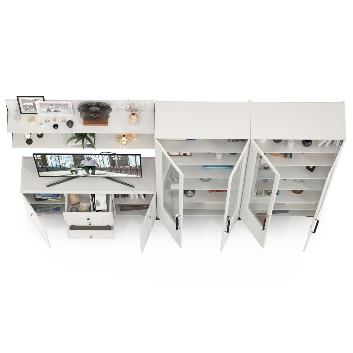 Стенки для гостиной, Тумба-комод с 2 навесными полками и шкаф 4 стеклянных лвери Валенсия № 113