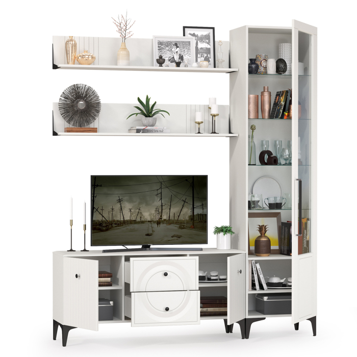 Стенки для гостиной, Тумба под ТВ с пеналом и двумя навесными полками Валенсия № 56