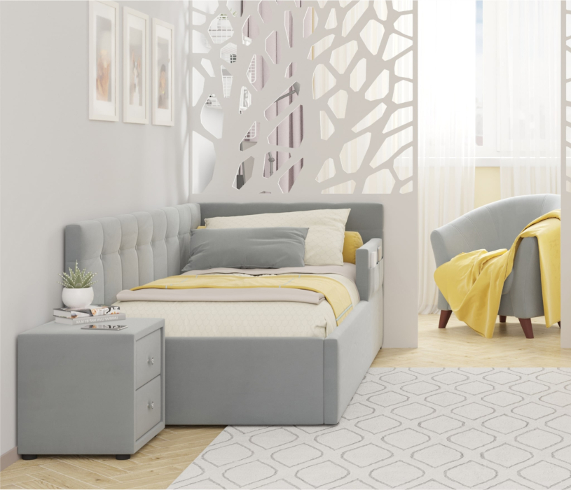 Мягкая кровать, Односпальная кровать-тахта Bonna 900 с защитным бортиким и подъемным механизмом