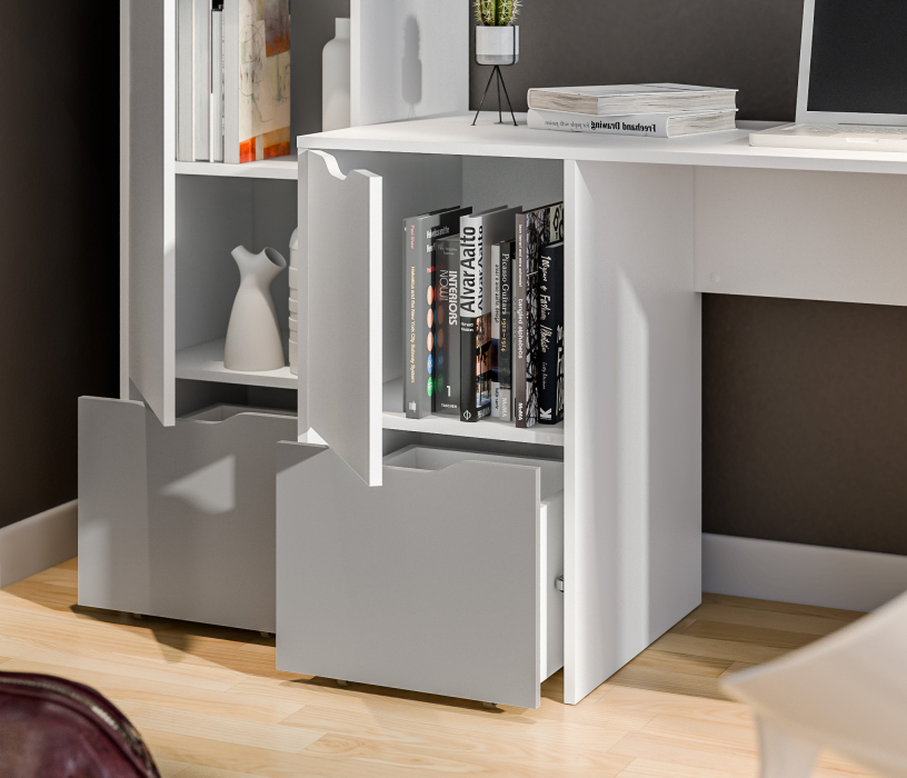 Mika / Мика, Mika / Мика домашний кабинет Белый/Серый (пенал, стеллаж, стол, полка)