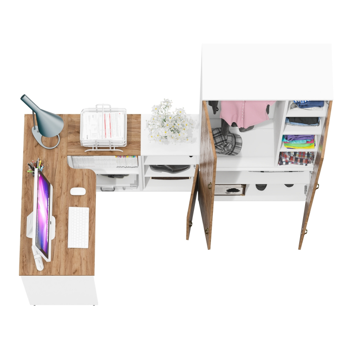 Домашние кабинеты, Бельевой шкаф Лидер-8 20Б со столом с нишами и тумбой для документов