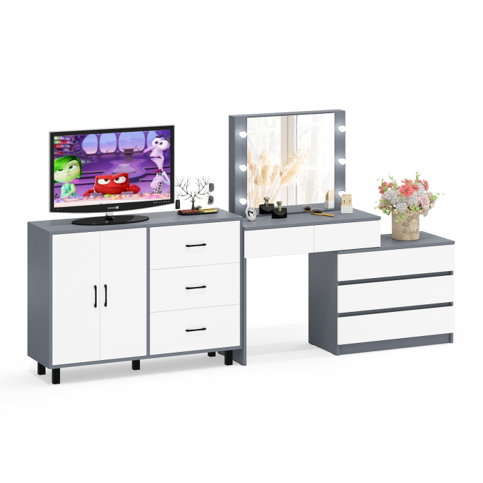 С зеркалом, Стол косметический с подсветкой 110 и тумба-комод с тремя ящиками и дверками 123-1204