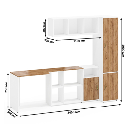 Компьютерный стол с нишами с навесной полкой Лидер-8 и тумбочкой 3.19 с пеналом для одежды