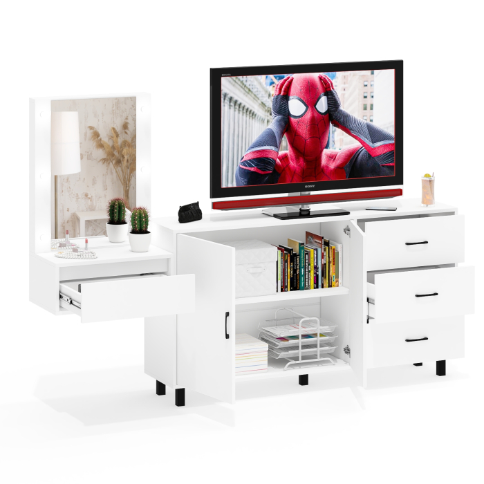 С зеркалом, Косметический навесной столик с подсветкой и комод с ящиками и дверками 123-1604