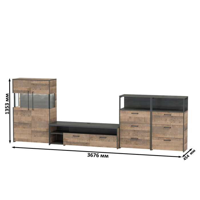 Стенки для гостиной, Тумба с витриной с подсветкой с двумя комодами и тумбой для телевизора Трувор